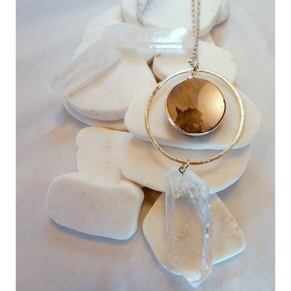 Natural Rock Crystal Quartz Point Titanium Blue Quartz Silver Necklace - Picture 6 of 6